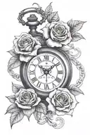 A pocket watch with Roman numeral dates intertwined with a red rose tattoo design idea