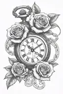 A pocket watch with Roman numeral dates intertwined with a red rose tattoo design idea
