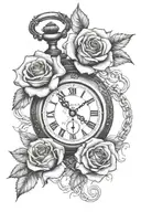 A pocket watch with Roman numeral dates intertwined with a red rose tattoo design idea
