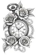A pocket watch with Roman numeral dates intertwined with a red rose tattoo design idea