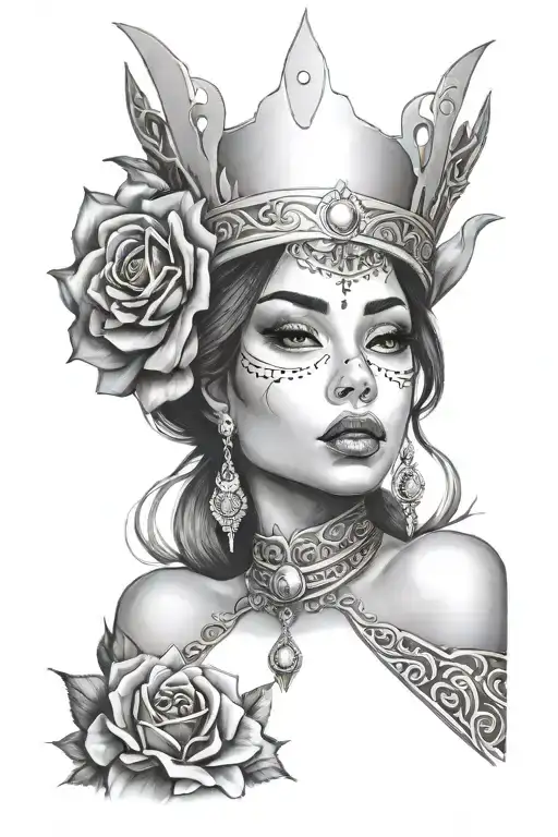 Chicano girl face, crowns symbolizing royalty, clock tattoo design idea