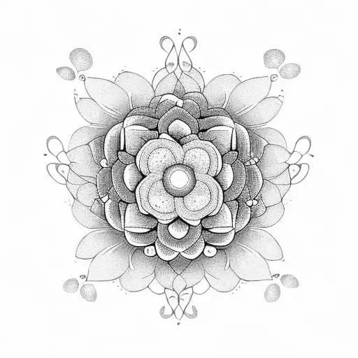 A dotwork design of a blooming flower surrounded by delicate butterflies tattoo design idea