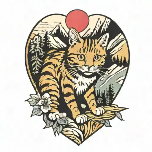 A tattoo of a cat playing in the mountains with a heart in the background tattoo design idea