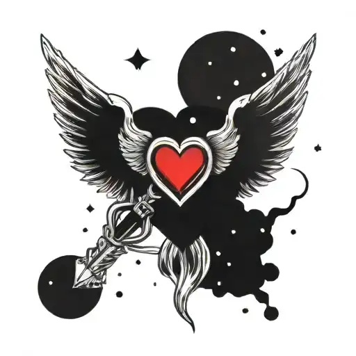 heart with demon wings and an angel halo on a background of space tattoo design idea