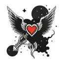 heart with demon wings and an angel halo on a background of space tattoo design idea