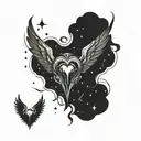 heart with demon wings and an angel halo on a background of space tattoo design idea