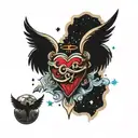 heart with demon wings and an angel halo on a background of space tattoo design idea