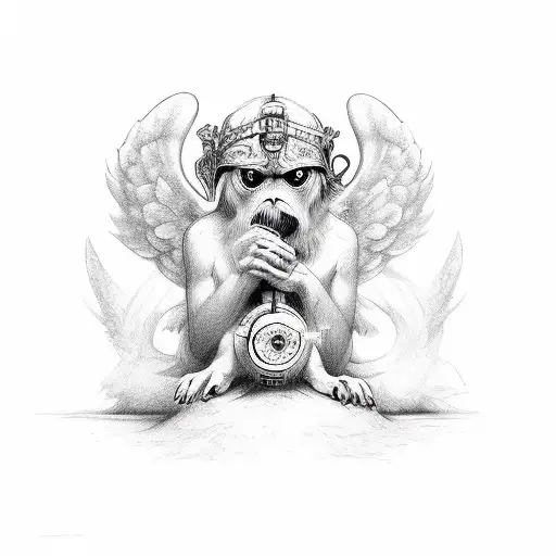 hear see speak no evil in the form of angels around evil area / creatures  tattoo design idea