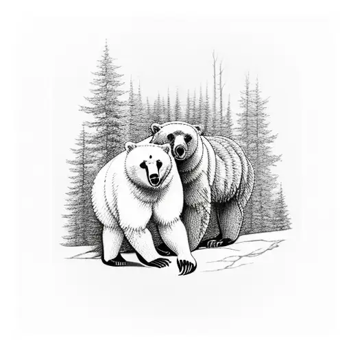 a bear walking in a forest with another bear looking at it from above tattoo design idea