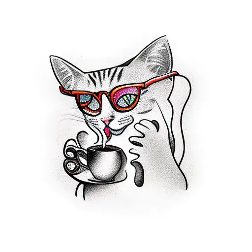 A vibrant new-school tattoo of a cat sipping coffee in a cozy café tattoo design idea