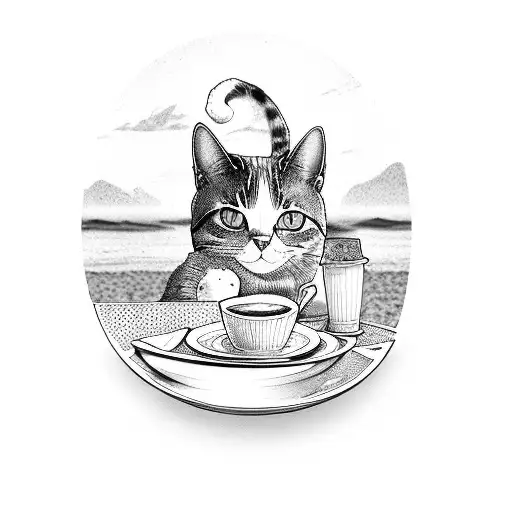 A beachside cafe with a cat barista serving coffee to customers tattoo design idea