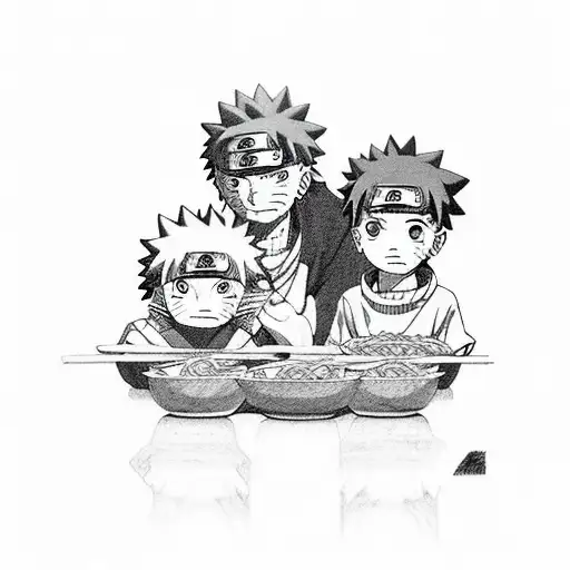 naruto, killua, and itadori eating ramen together tattoo design idea