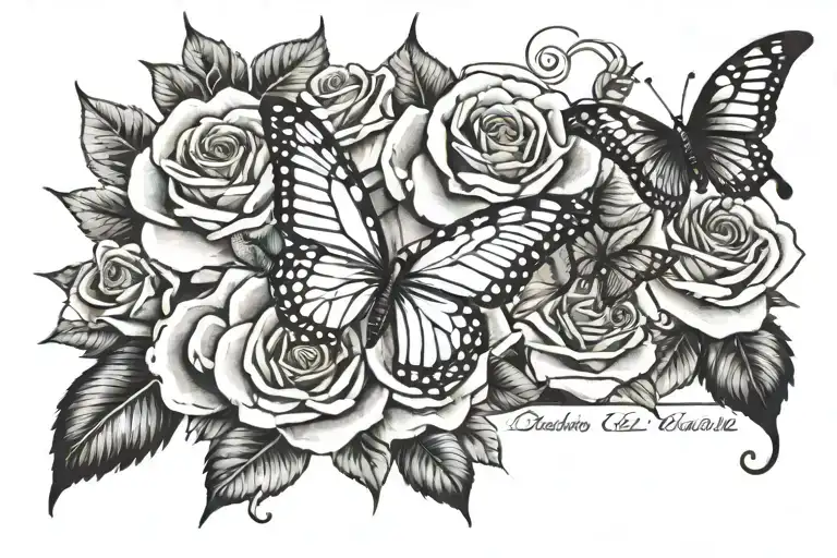 psalms 23:4 boldly displayed with roses and butterfly's  tattoo design idea