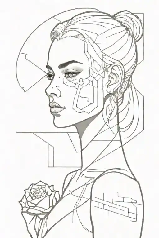 girl cyber sigilism style tattoo design idea
