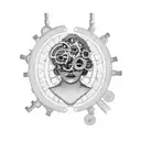 A dotwork tattoo of a mechanical clockwork heart surrounded by gears, with Greek god Aphrodite holding a motorcycle helmet tattoo design idea