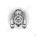 A dotwork tattoo of a mechanical clockwork heart surrounded by gears, with Greek god Aphrodite holding a motorcycle helmet tattoo design idea