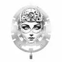 A dotwork tattoo of a mechanical clockwork heart surrounded by gears, with Greek god Aphrodite holding a motorcycle helmet tattoo design idea