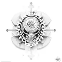 A dotwork tattoo of a mechanical clockwork heart surrounded by gears, with Greek god Aphrodite holding a motorcycle helmet tattoo design idea