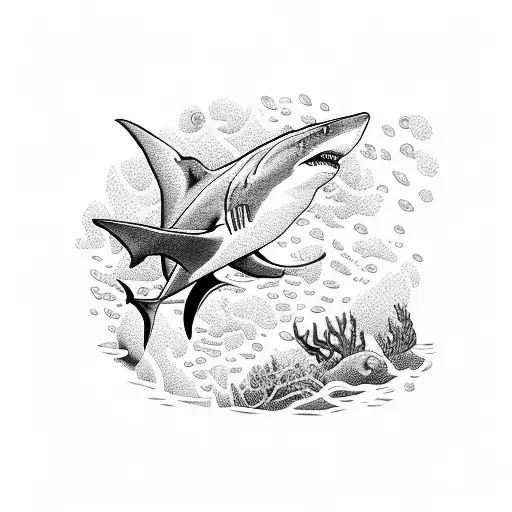 An underwater scene with a majestic shark and a diver exploring a sunken shipwreck in the deep sea tattoo design idea