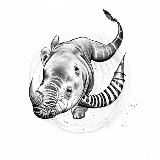 An intricate black-grey tattoo design showcasing a military diver exploring the depths of the ocean, with silhouettes of African animals like rhinos and zebras in the background, representing the client's diverse interests tattoo design idea