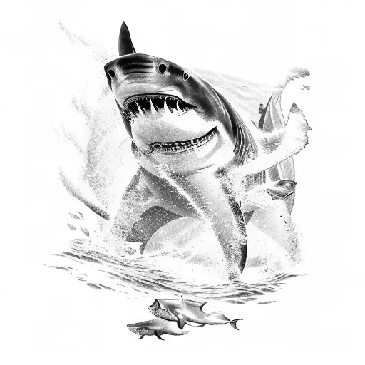 A thrilling tattoo showcasing a military diver swimming alongside a fierce Great White shark in the crystal-clear waters of South Africa tattoo design idea