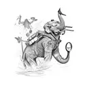 A unique blackwork tattoo illustrating a military diver in full gear emerging from the water, surrounded by African wildlife like elephants, lions, and giraffes tattoo design idea
