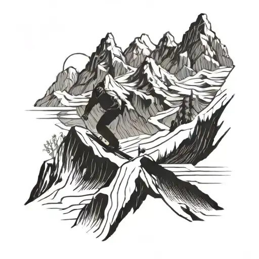 Mountain range with a snowboarder carving down the slopes tattoo design idea