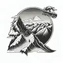 Mountain range with a snowboarder carving down the slopes tattoo design idea