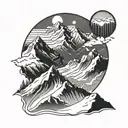 Mountain range with a snowboarder carving down the slopes tattoo design idea