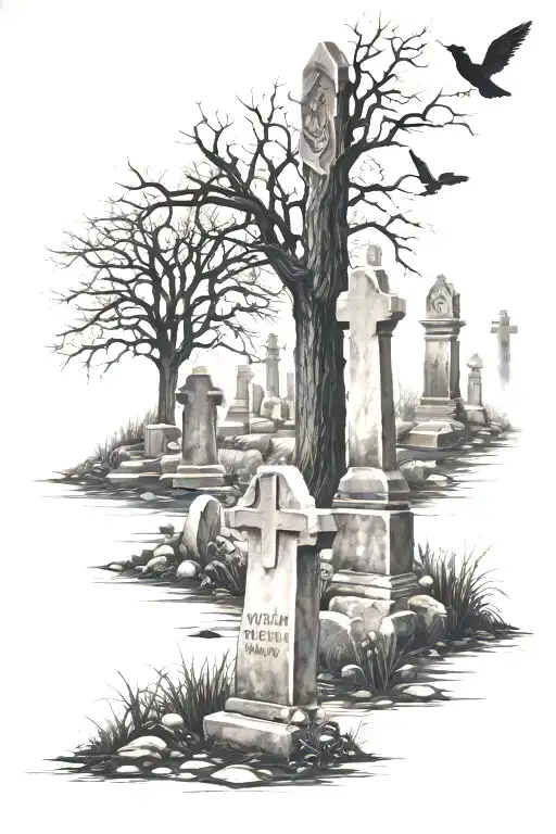 cemetery scene with tombstones tattoo design idea
