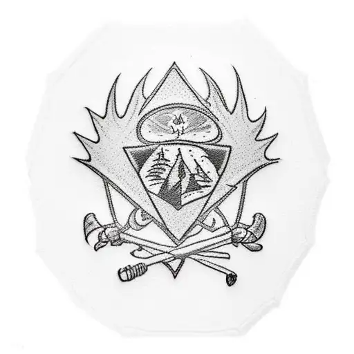 A traditional tattoo of a boy scout emblem with Canadian wildlife and a camping tent tattoo design idea