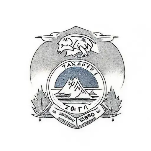 A traditional tattoo of a scout emblem with Canadian wildlife and a camping tent tattoo design idea