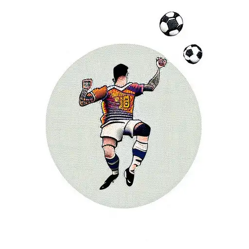 A traditional style tattoo of a soccer player kicking a pixelated video game ball tattoo design idea