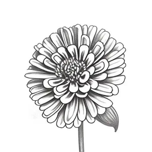 zinnia flower on stem with leaves styled like a vintage textbook illustration tattoo design idea