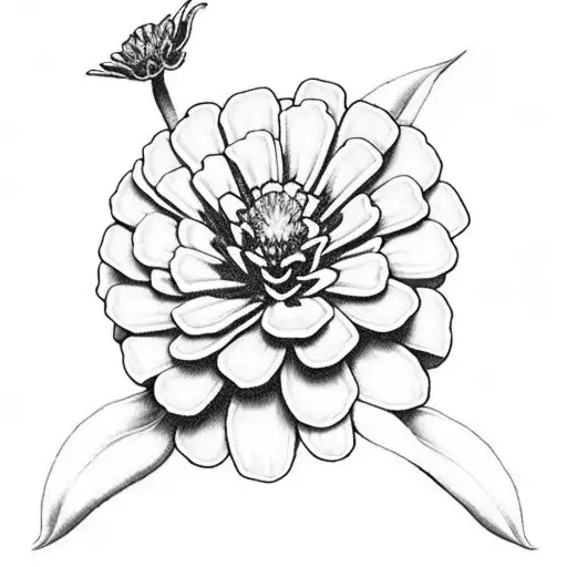 red zinnia flower with stem and leaves from vintage textbook tattoo design idea