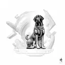 super strong black lab with muscles sitting on a throne with a rift in the sky behind him tattoo design idea