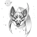 super strong black lab with muscles sitting on a throne with a rift in the sky behind him tattoo design idea