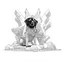 super strong black lab with muscles sitting on a throne with a rift in the sky behind him tattoo design idea