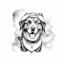 super strong black lab with muscles sitting on a throne with a rift in the sky behind him tattoo design idea