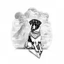 super strong black lab sitting on a throne with a rift in the sky behind him tattoo design idea