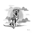 super strong black lab sitting on a throne with a rift in the sky behind him tattoo design idea