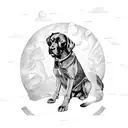 super strong black lab sitting on a throne with a rift in the sky behind him tattoo design idea