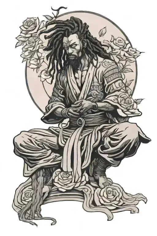 Black samurai with dreadlocks meditating in rose garden  tattoo design idea