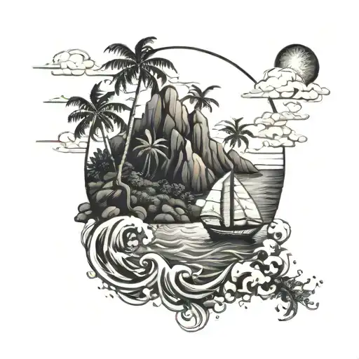 An intricate island landscape with a sailboat sailing through rough waters, surrounded by tropical cocktails floating in the sky tattoo design idea