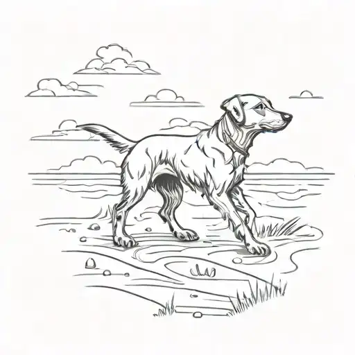 A silhouette of a dog playing on the beach with the Bahamas in the background, capturing the client's favorite things tattoo design idea