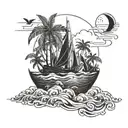 An intricate island landscape with a sailboat sailing through rough waters, surrounded by tropical cocktails floating in the sky tattoo design idea