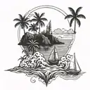 An intricate island landscape with a sailboat sailing through rough waters, surrounded by tropical cocktails floating in the sky tattoo design idea
