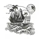 An intricate island landscape with a sailboat sailing through rough waters, surrounded by tropical cocktails floating in the sky tattoo design idea
