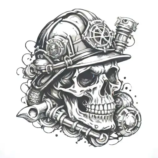 Design a skull wearing a firefighter helmet surrounded by tools and tire tracks, showcasing your dedication to both firefighting and car mechanics tattoo design idea