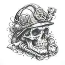 Design a skull wearing a firefighter helmet surrounded by tools and tire tracks, showcasing your dedication to both firefighting and car mechanics tattoo design idea